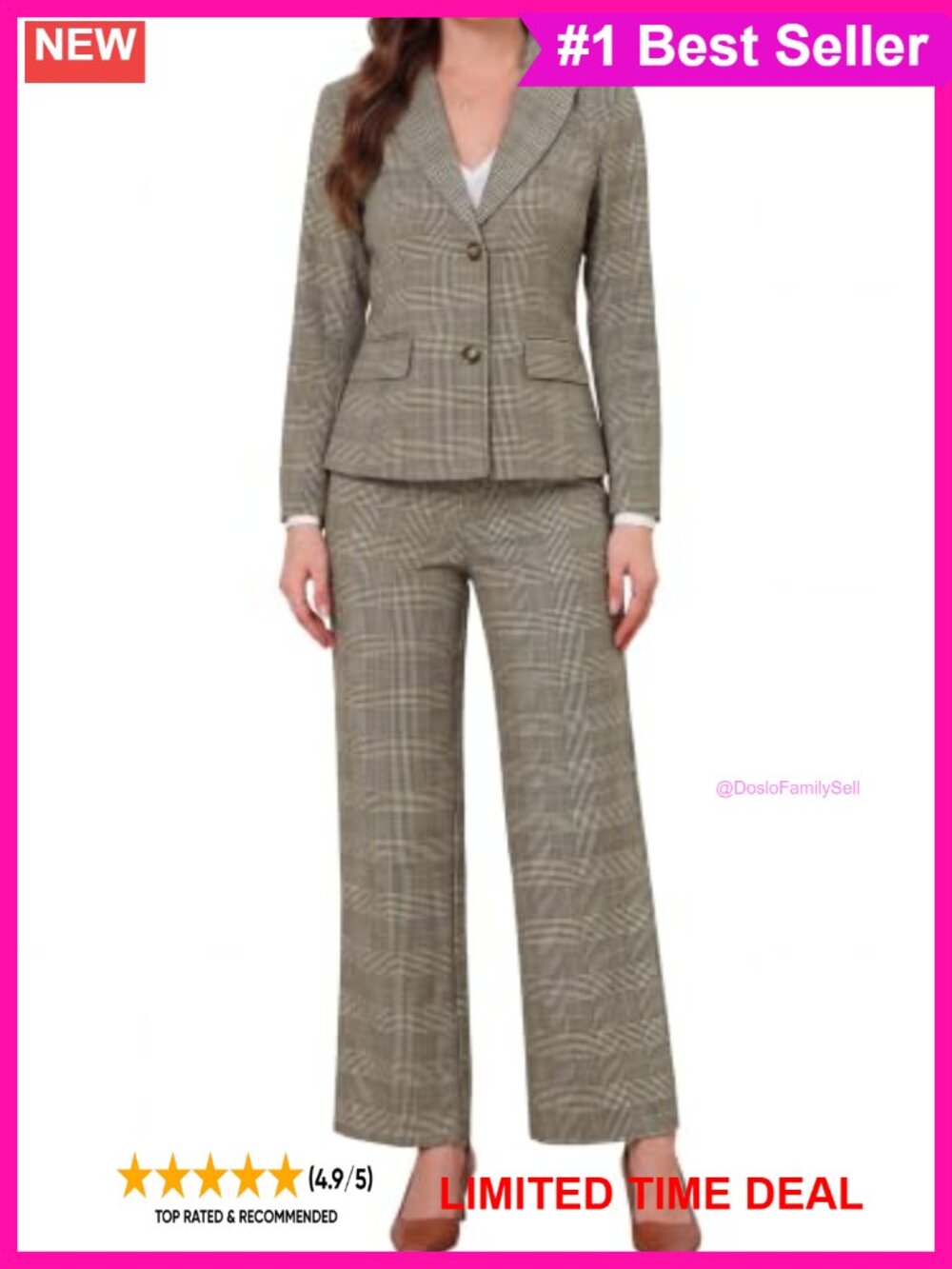Houndstooth Plaid 2-Piece Pantsuit Blazer Straight Leg Pants Business Suit